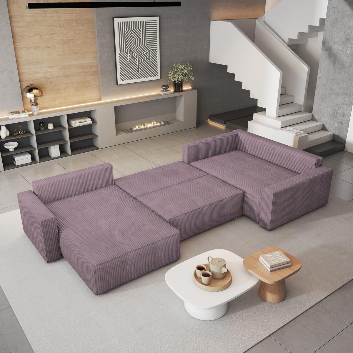 WOHNLANDSCHAFT VELAMI R-S Lila Kordstoff mit Schlaffunktion - Lila, Holz (365/83/194cm) - MASSENO