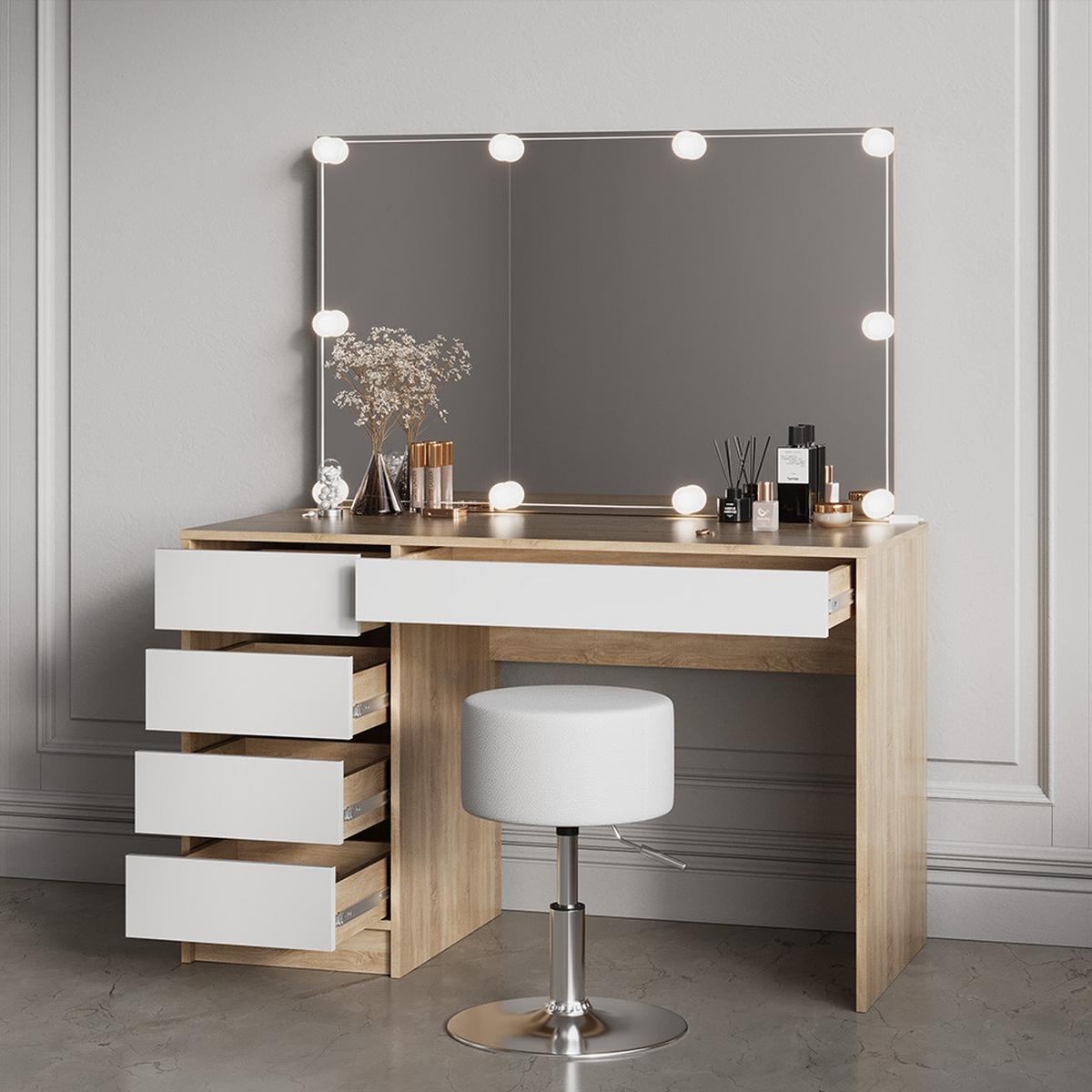 SCHMINKTISCH Imola Weiß/Sonoma 120 cm mit Hocker - Weiß/Sonoma Eiche, Holzwerkstoff (120/75/55cm) - Livinity®