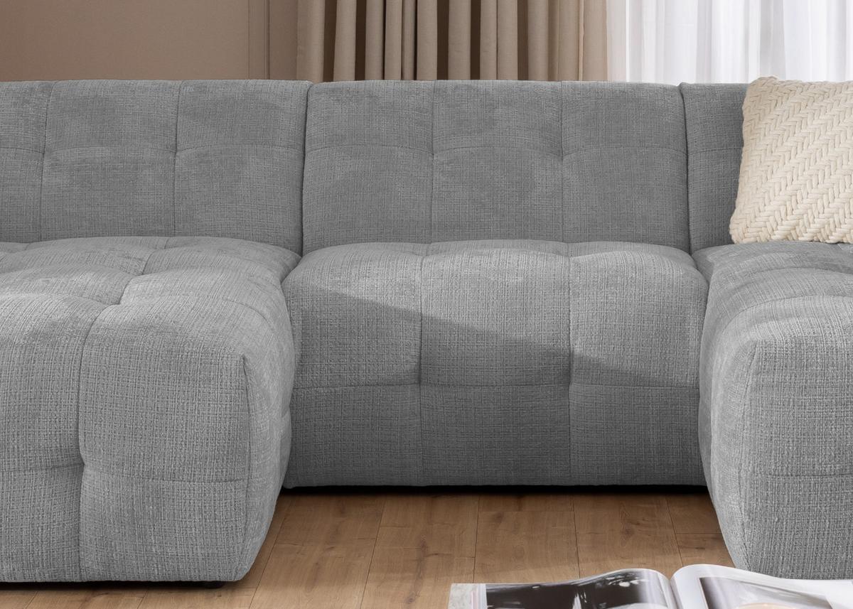 WOHNLANDSCHAFT in U-Form mit raffinierten Steppungen, 6-Sitzer, Wellenunterfederung, B323/T161/H79 cm, Chenille-Bezug in Hellgrau / 21051 - Hellgrau/Schwarz, Kunststoff/Textil (323/79/161cm) - luma-home