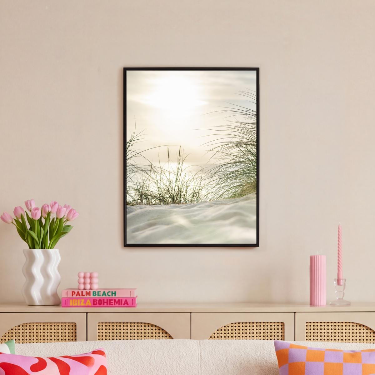 LEINWAND Bilder mit Rahmen - Dünen mit Strandhafer in der Sonne des Nationalparks Schleswig-Holsteinisches Wattenmeer - 60x80 - Creme, Textil (60/80cm) - MuchoWow
