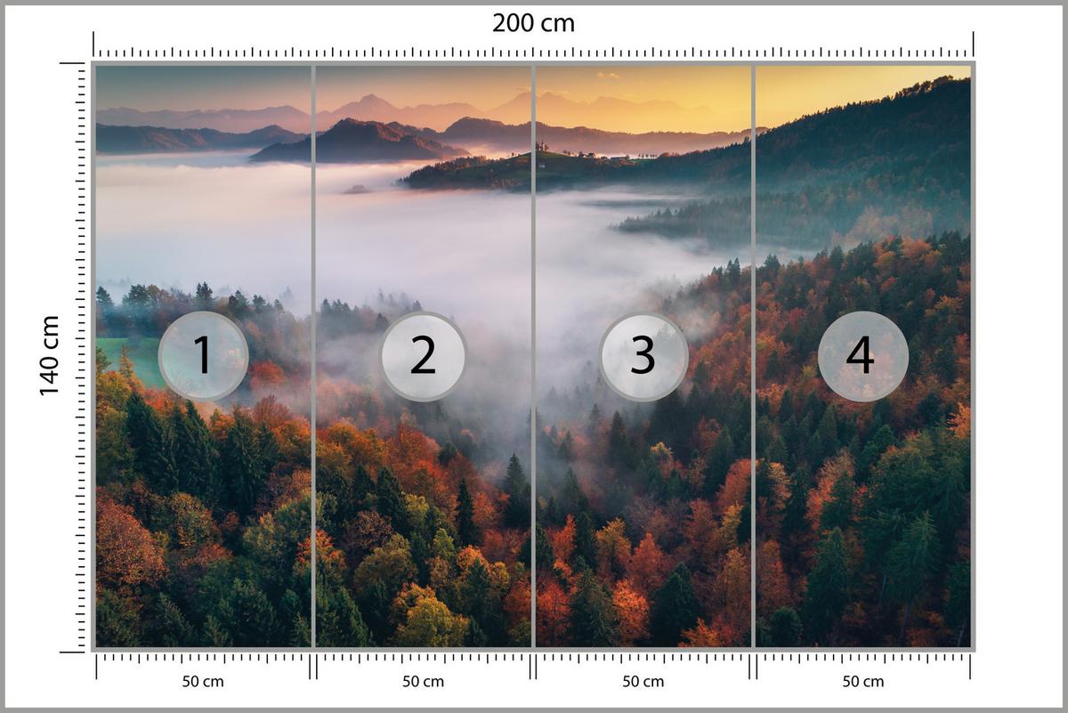 FOTOTAPETE für Wohnzimmer Nebelwald Sonnenuntergang Berge Bäume 200x140 - Beige/Rot, Papier (200/140cm) - Muralo