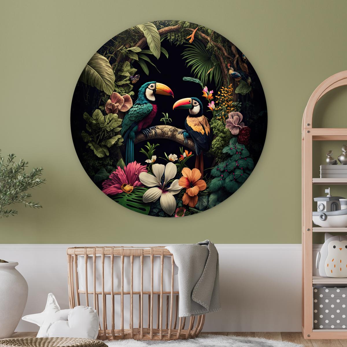 WANDBILD Vogel - Blumen - Pflanzen - Dschungel - Schwarz - Tukan Deko Groß 150x150 cm - Smaragdgrün, Kunststoff (150/150cm) - MuchoWow