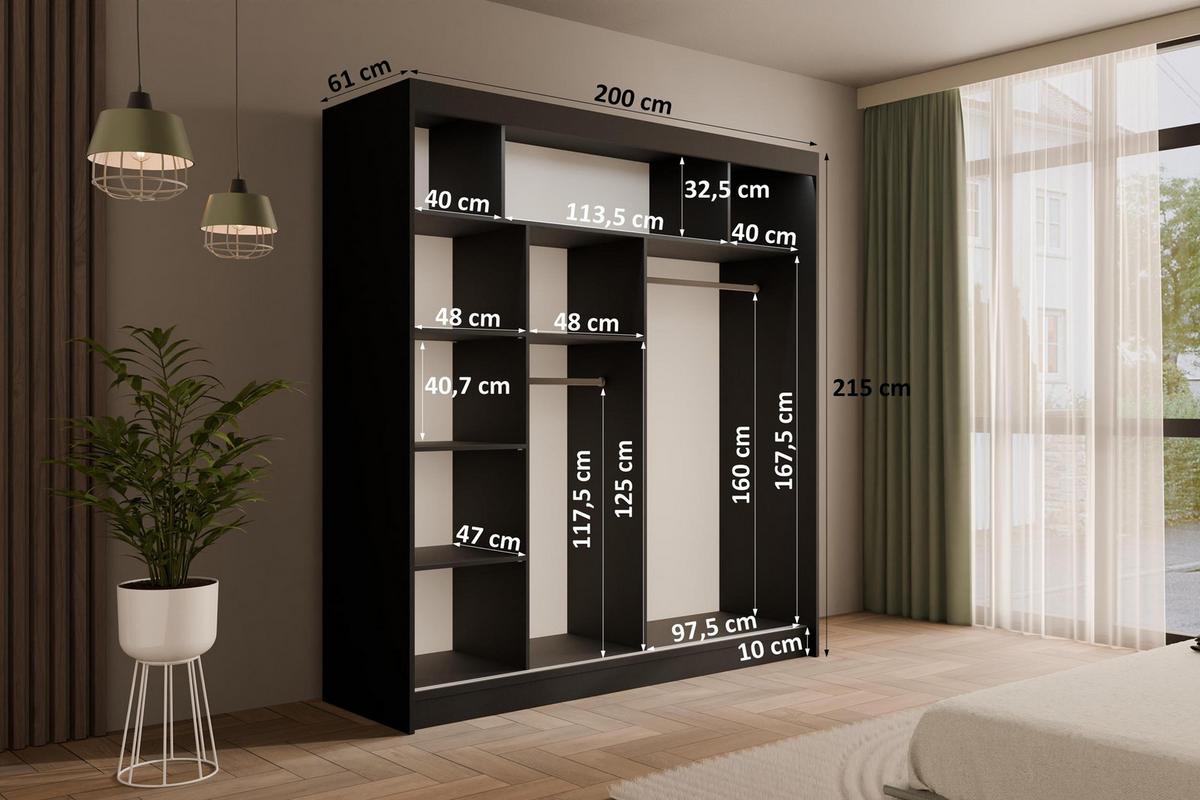KLEIDERSCHRANK PEKA III mit LED - 200 cm - Schwarz - Schwarz/Weiß, Holzwerkstoff (200/215/61cm) - ALTDECOR