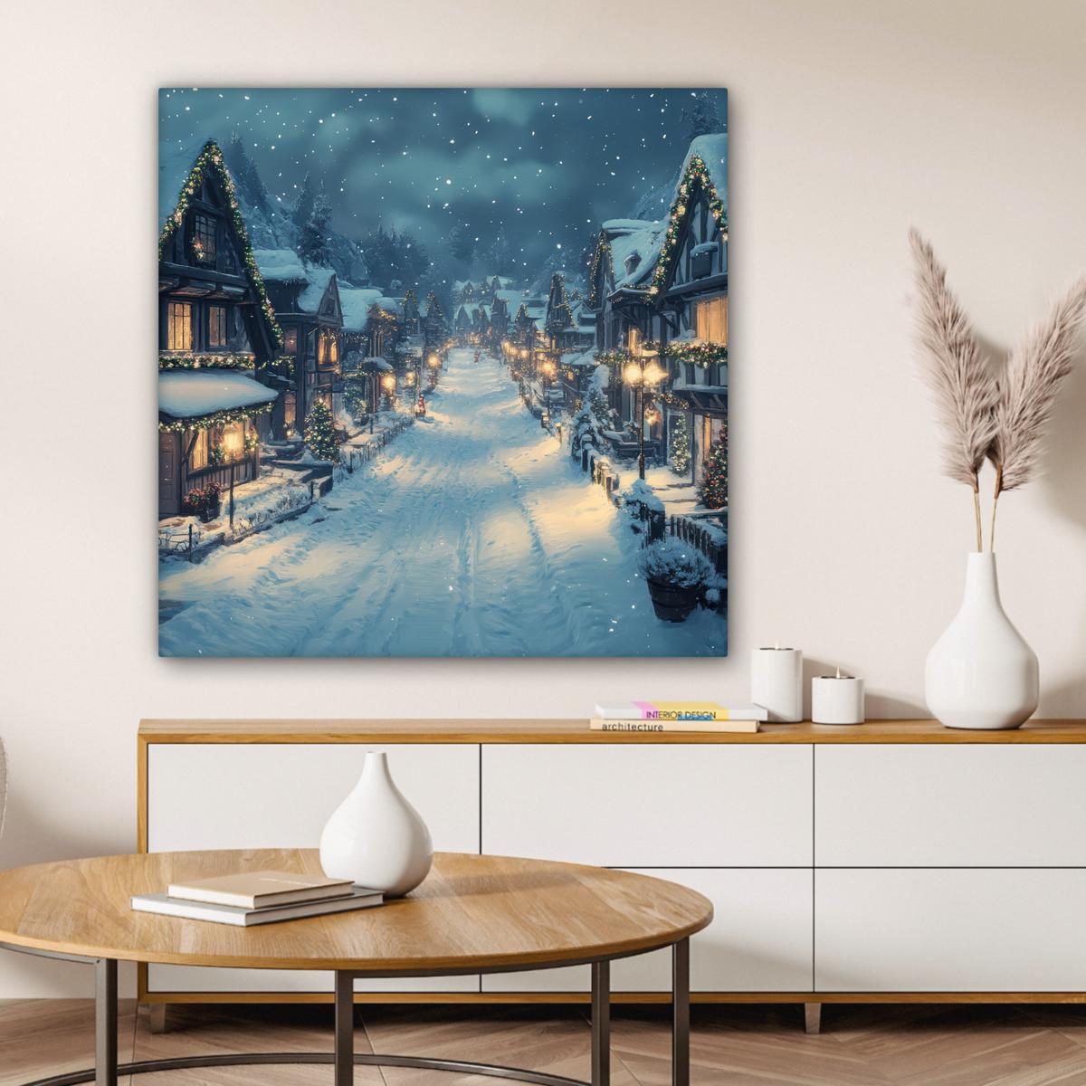 LEINWANDBILD Weihnachtsdorf - Weihnachten - Schnee - Winter Deko Groß 90x90 cm - Dunkelblau, Textil (90/90cm) - MuchoWow