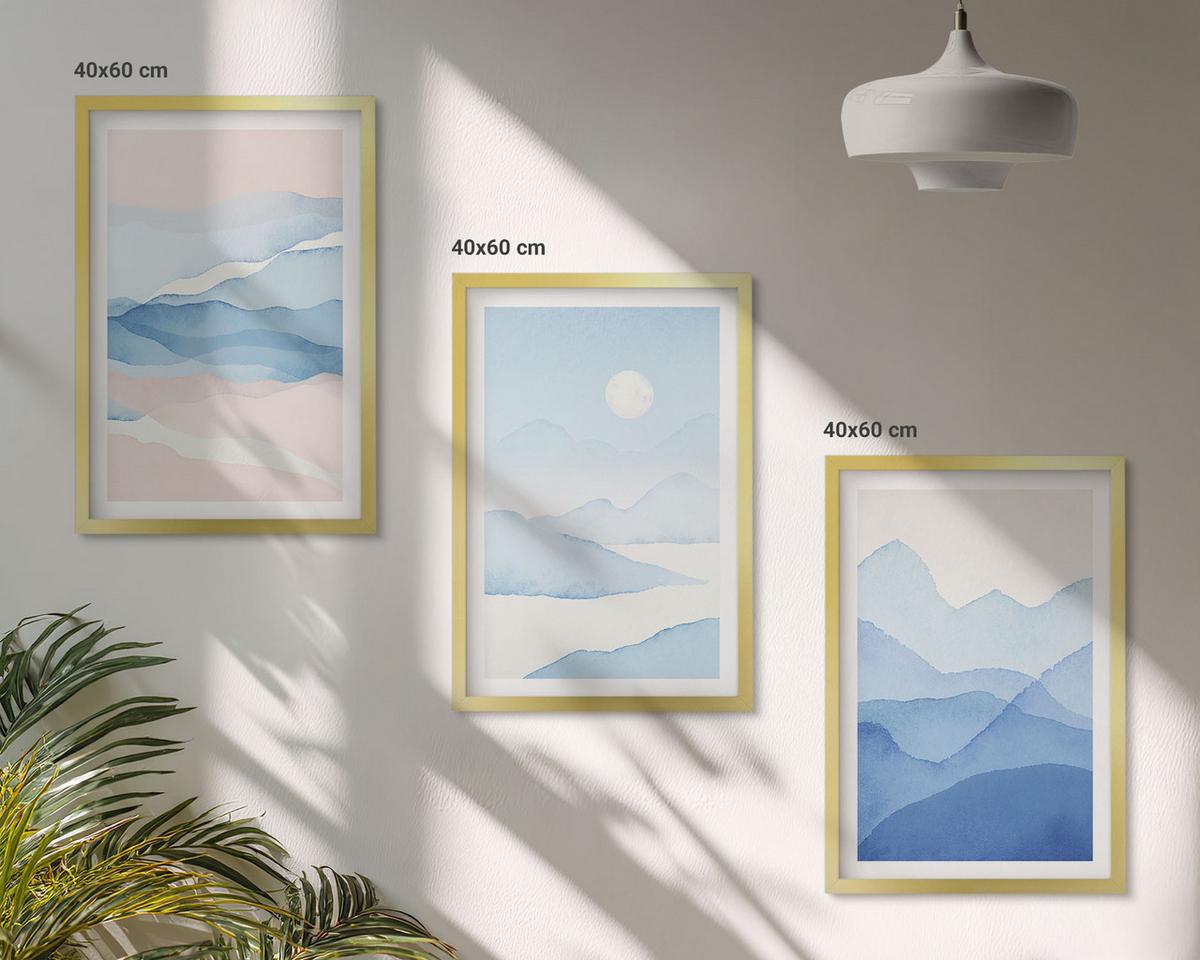 BILDER SET 3er Set - 40x60 cm Goldrahmen - Aquarell: Blau-rosa Berge - Goldfarben, Kunststoff (40/60cm) - TULUP
