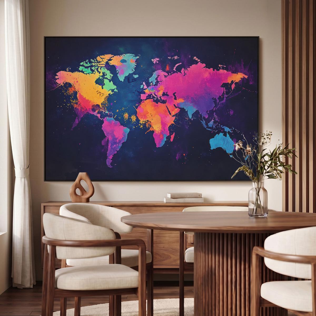 LEINWAND Bilder mit Rahmen - Weltkarte - Bunt - Graffiti - 150x100 - Multicolor, Textil (150/100cm) - MuchoWow