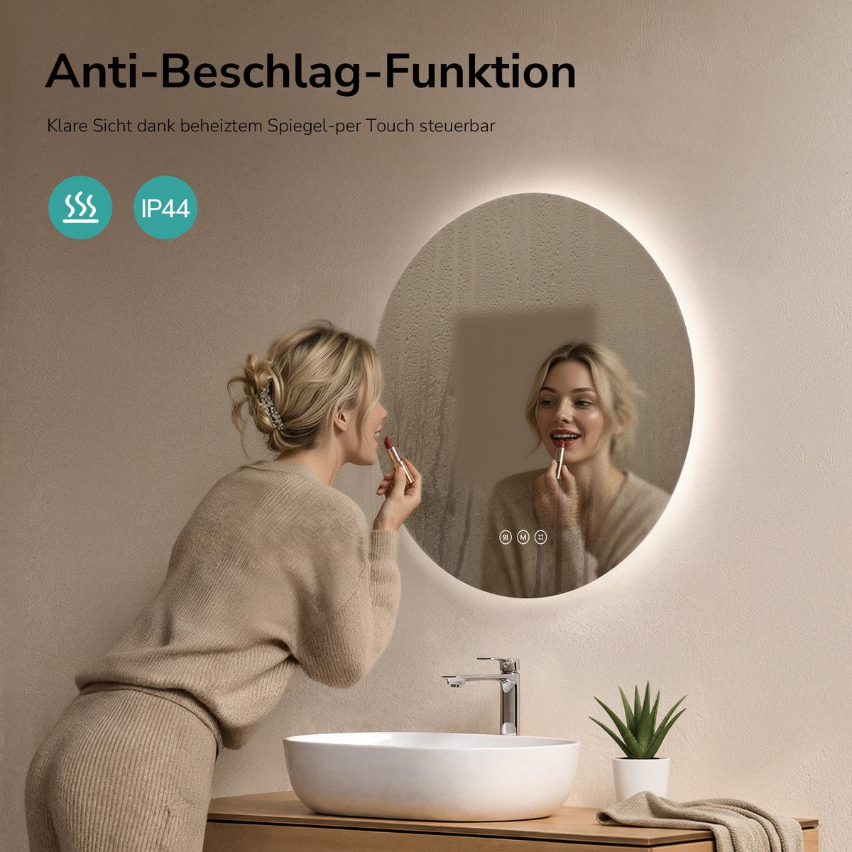 BADSPIEGEL Rund mit Beleuchtung Rahmenlos, 3 Lichtfarben, beschlagfrei, Ø 60 cm - Transparent, Glas (60/60/3.5cm) - EMKE