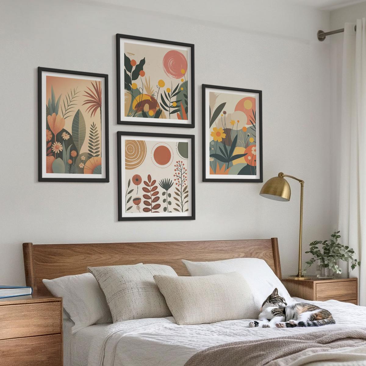 BILDER SET 4er Set - 50x50 cm & 40x60 cm Schwarzer Rahmen - Boho-Pflanzenmuster - Schwarz, Kunststoff (50/50cm) - TULUP
