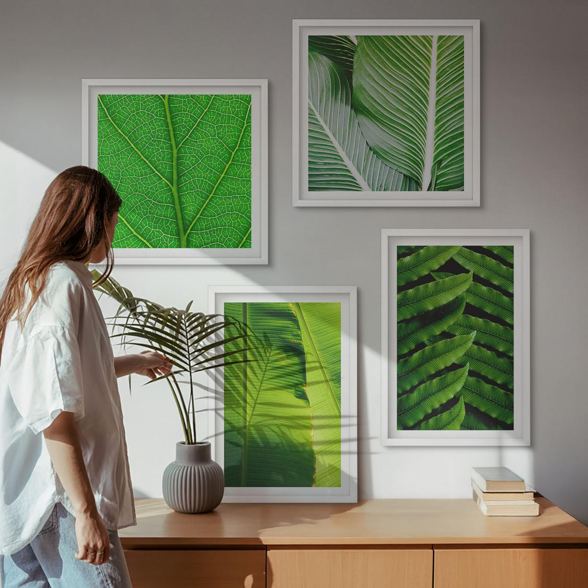 BILDER SET 4er Set - 50x50 cm & 40x60 cm Weißer Rahmen - Nahaufnahme von tropischen Blättern - Weiß, Kunststoff (50/50cm) - TULUP