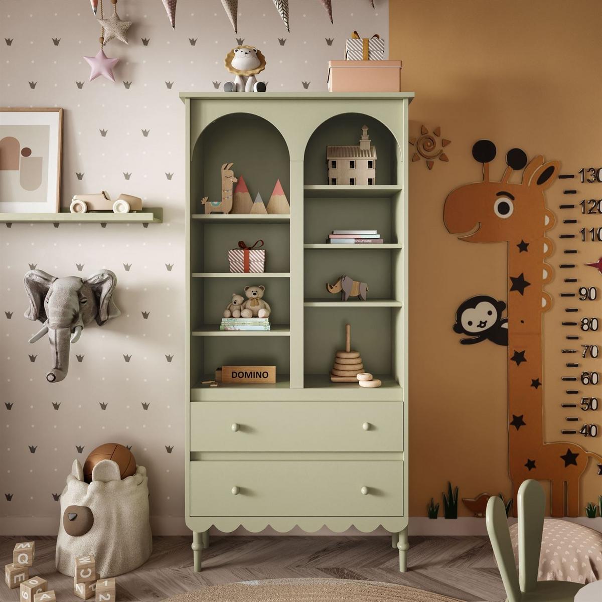 BABYREGAL BABUSHKA – Hohes Kinderregal, Olivgrün - Olivgrün, Holzwerkstoff (84/183/37cm)