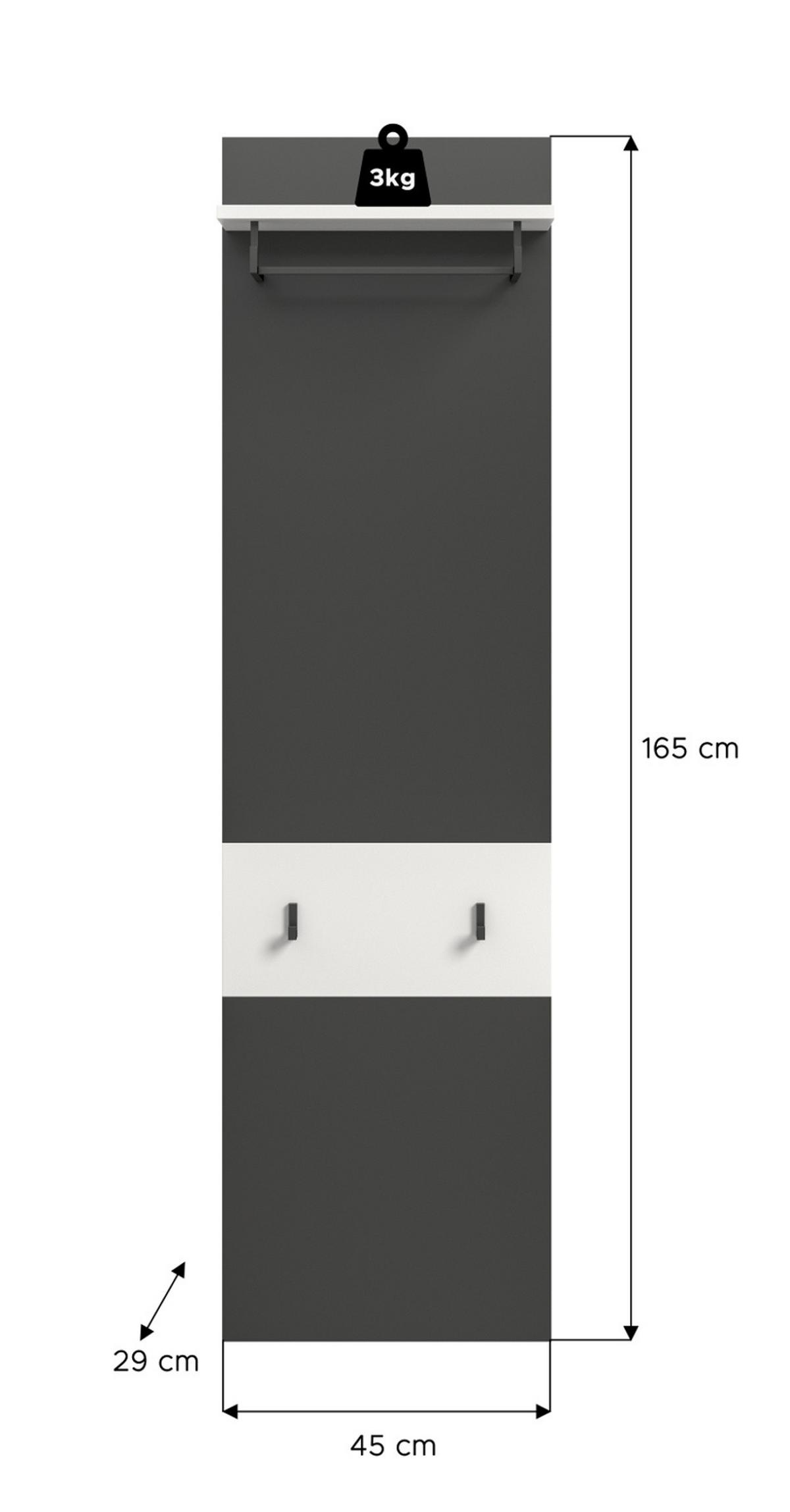 GARDEROBENPANEEL in grau, weiß, Wandgarderobe 45 x 165 cm, Cooper - Weiß/Grau, Holzwerkstoff/Metall (45/165/29cm) - Inn.Furn