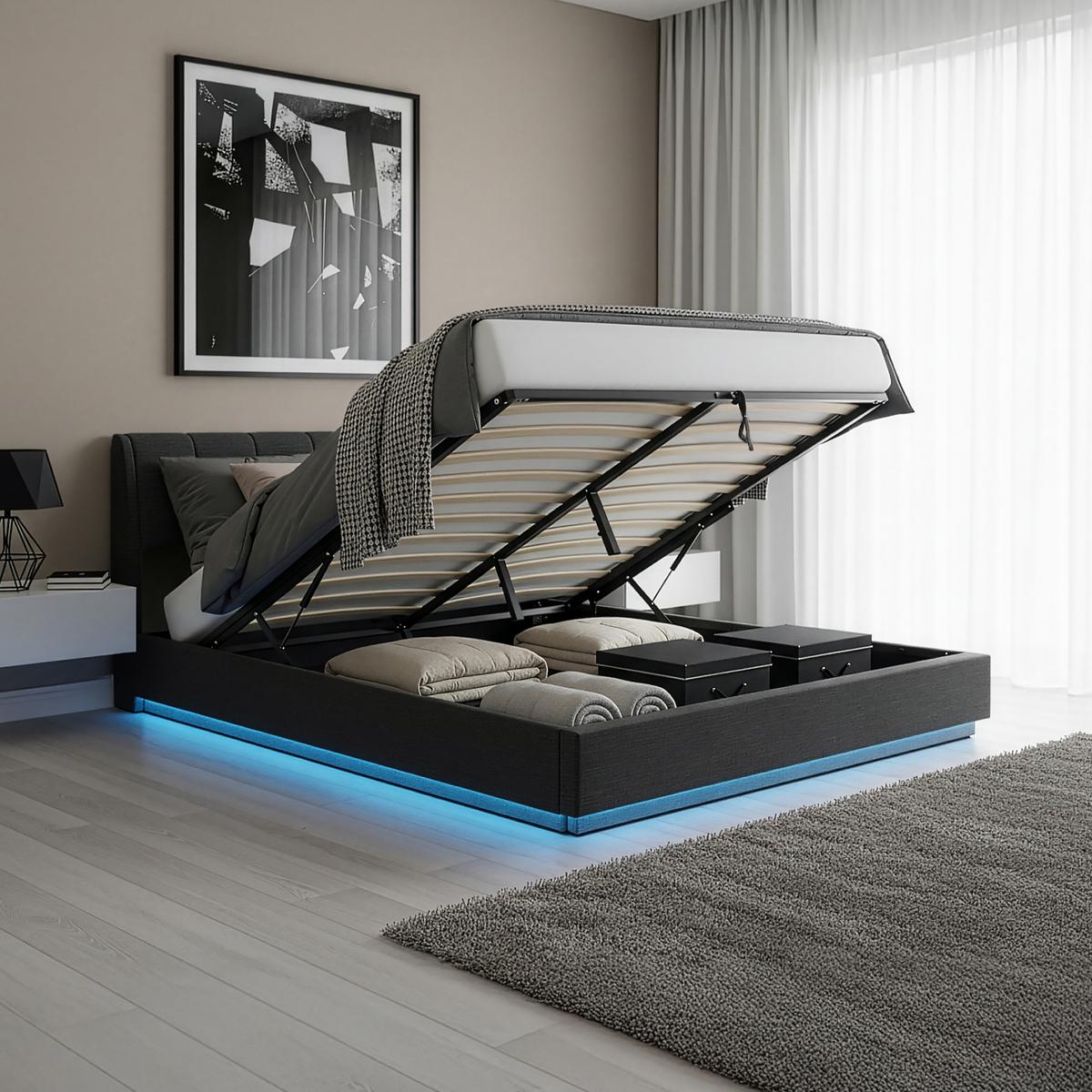 LED POLSTERBETT Tröstiar mit Matratze - Schwarz, Holzwerkstoff/Kunststoff (180/200cm) - [en.casa]