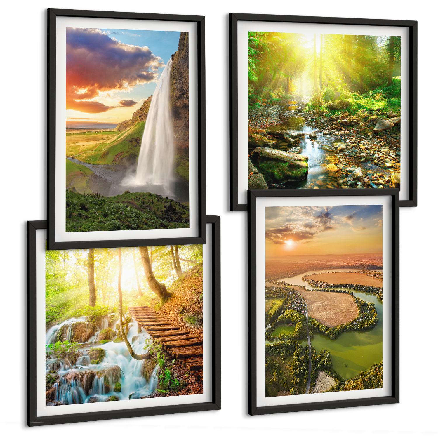 BILDER SET 4er Set - 50x50 cm & 40x60 cm Schwarzer Rahmen - Orange Mountain Wasserfall - Schwarz, Kunststoff (50/50cm) - TULUP