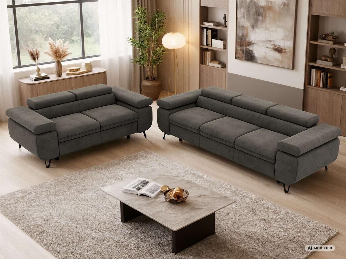 SITZGARNITUR PETER 2+3 - Dunkelgrau Velvet - Dunkelgrau/Schwarz, Textil/Metall (262/76/99cm) - MKS