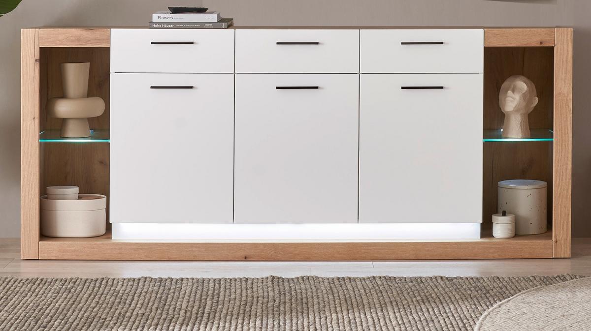 SIDEBOARD weiß matt, Evoke Eiche, Kommode 198 x 83 cm - Eichefarben/Silberfarben, Glas/Holzwerkstoff (198/83/43cm) - Furn.Design