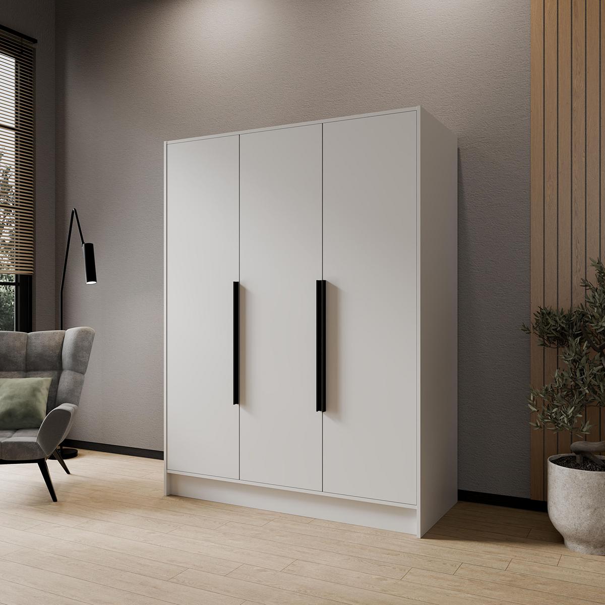 KLEIDERSCHRANK Mono Bis im Skandi-Stil, Drehtüren mit Schwarze Metallgriffe, Weiß 150/200/51 cm - Weiß, Holzwerkstoff (150/200/51cm) - WFL GROUP