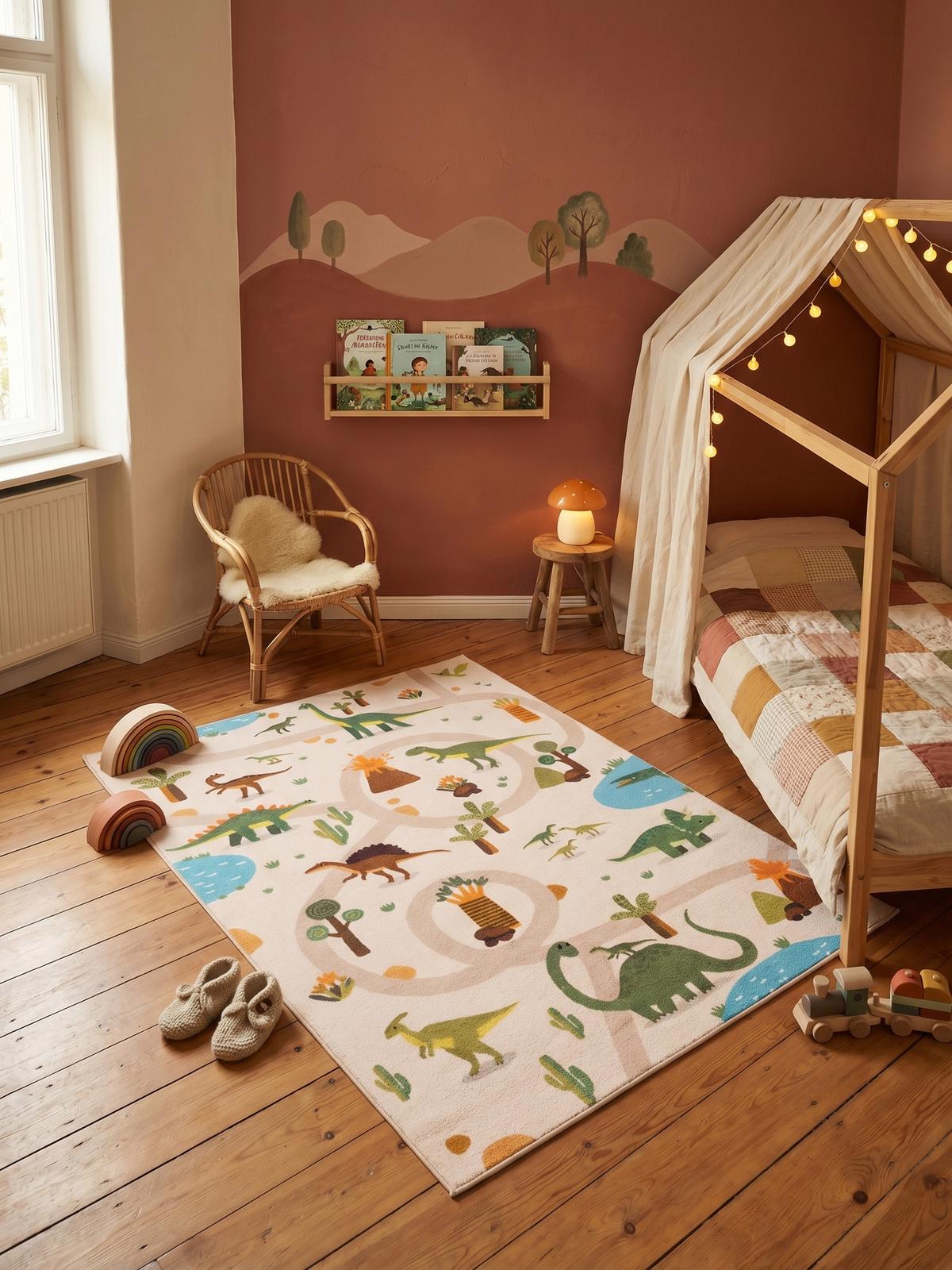 SPIELTEPPICH Waschbar TINO in Beige, mit Dino-Landschaft, 140 x 200 cm - Beige, Textil (200/140cm) - KADIMA DESIGN