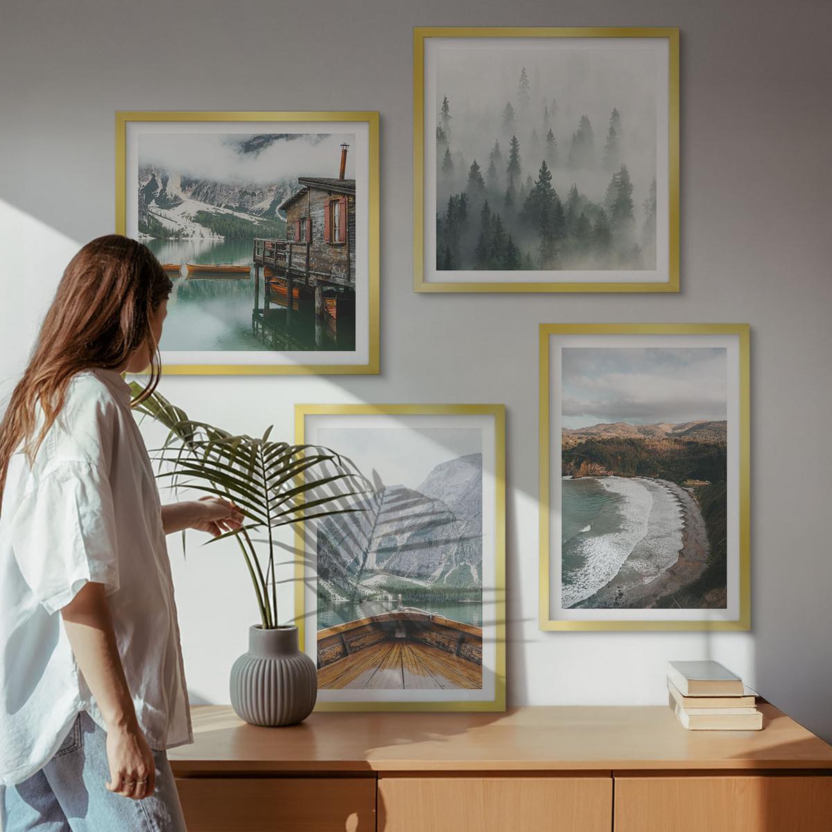 BILDER SET 4er Set - 50x50 cm & 40x60 cm Goldrahmen - Berge, See, Boot, Nebel, Strand - Goldfarben, Kunststoff (50/50cm) - TULUP