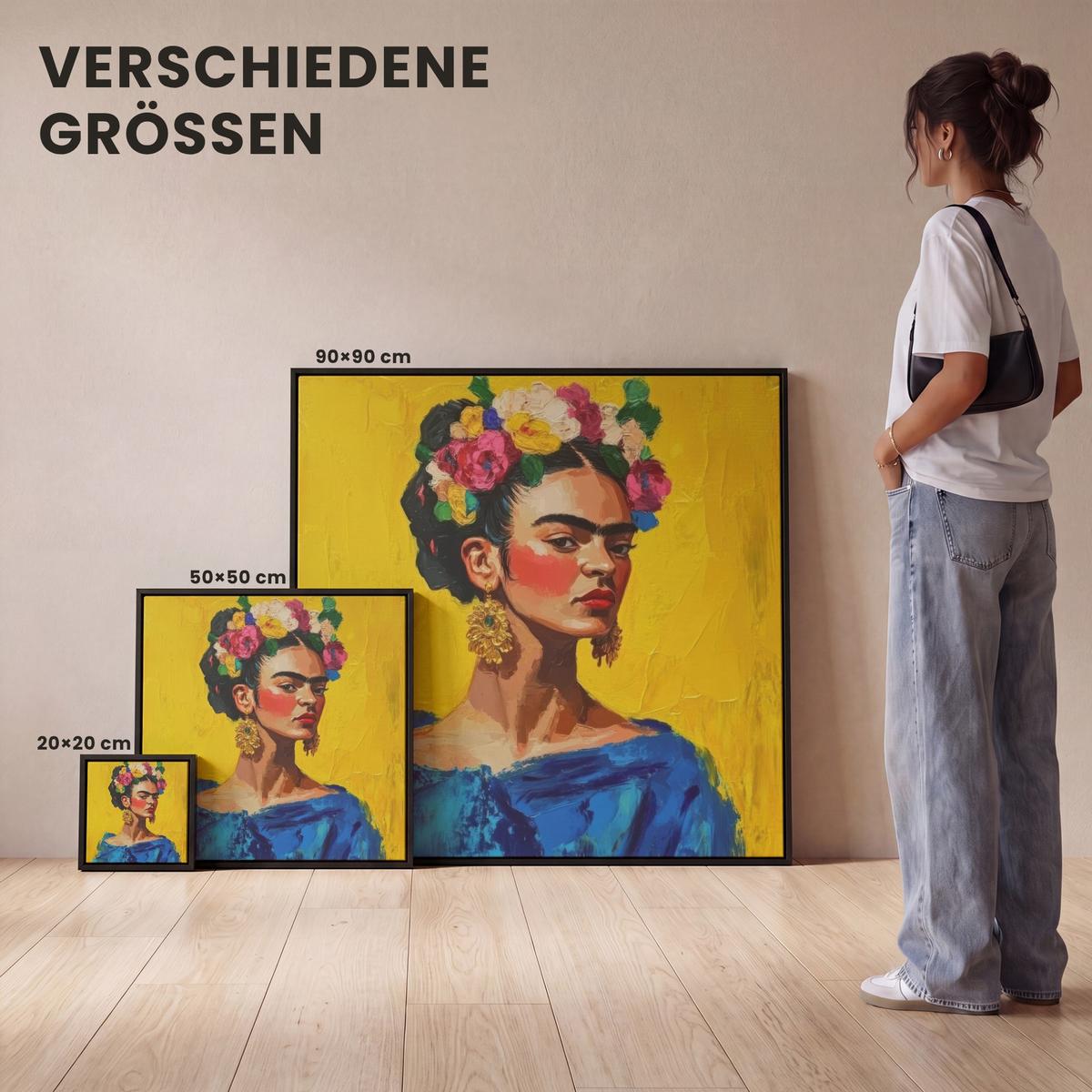 LEINWAND Bilder mit Rahmen - Frida Kahlo - Frau - Gelb - Blau - Blumen - 50x50 - Gelb, Textil (50/50cm) - MuchoWow