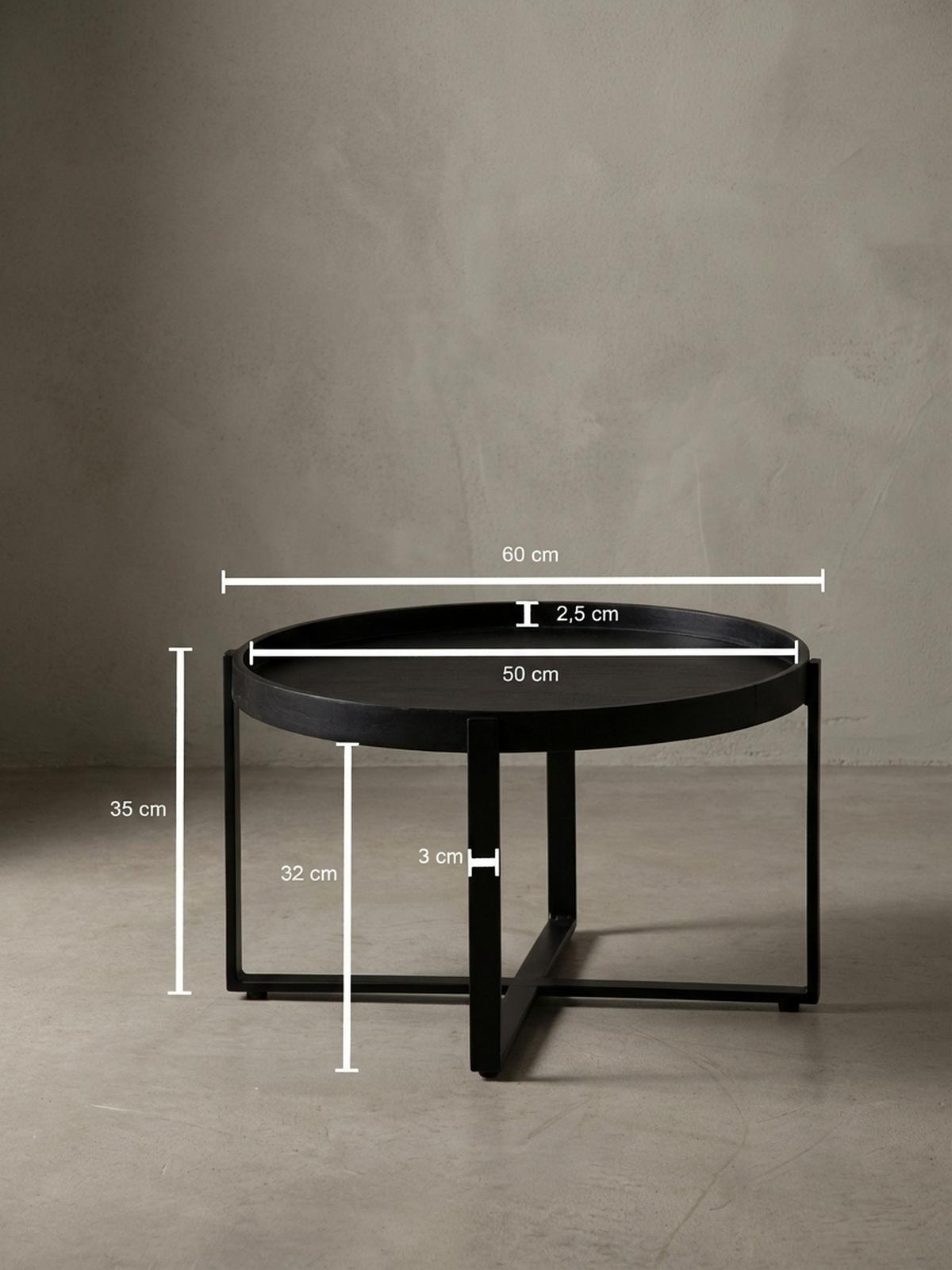 COUCHTISCH Schwarz Mango Massivholz Metall, Rund mit erhöhtem Rand, 60x60x35 cm - Schwarz, Holz/Metall (60/60/35cm) - KADIMA DESIGN