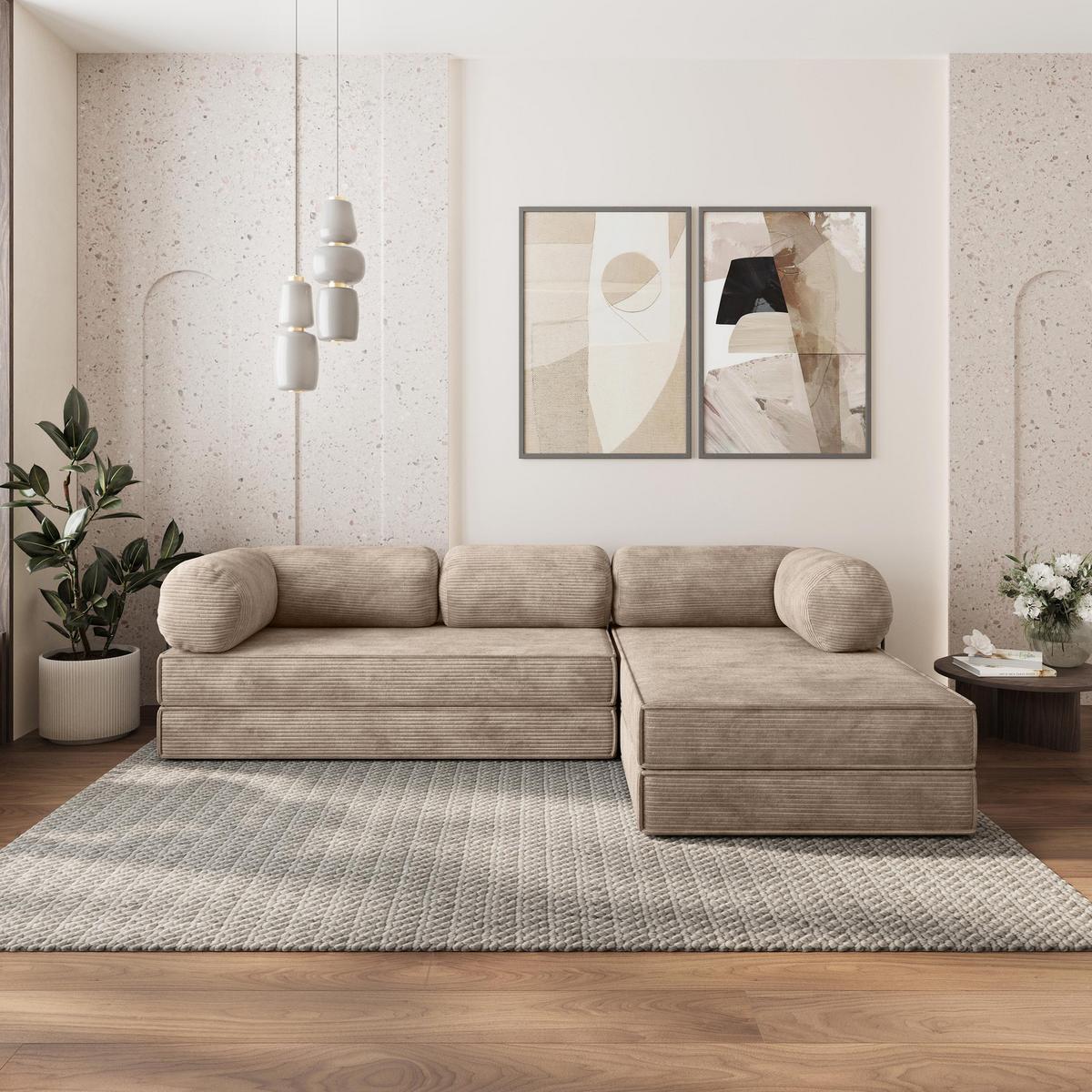 ECKSOFA ETERA modulares Boneless Sofa mit Schlaffunktion Beige Kordstoff - Beige, Textil (270/160cm) - MASSENO