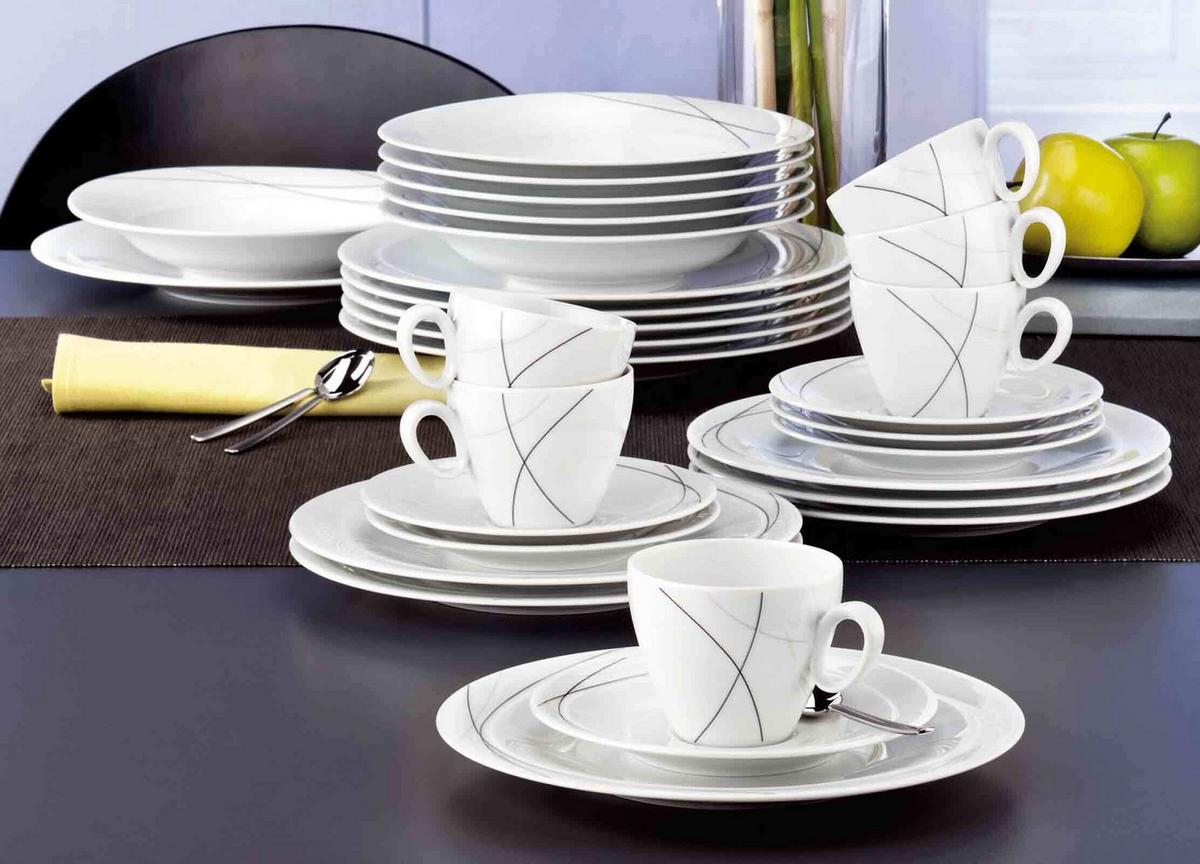 FRÜHSTÜCKSTASSEN MIT UNTERTASSEN Trio Highline weiß-grau 390 ml 6er Set - Weiß/Grau, Keramik (0.39L) - Seltmann Weiden