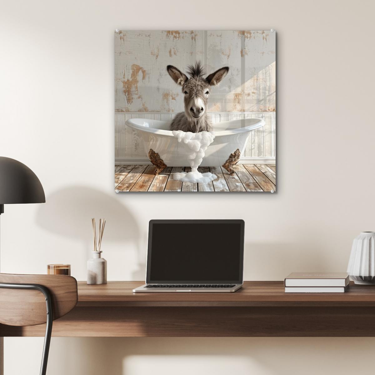 ACRYLGLASBILD Esel - Tiere - Badewanne - Schaumstoff 50x50 cm - Weiß, Glas (50/50cm) - MuchoWow