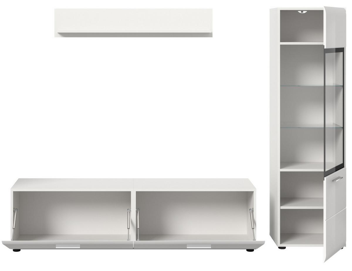 WOHNWAND weiß Hochglanz 3-teilig 220 cm, Schrankwand mit viel Stauraum - Weiß Hochglanz/Silberfarben, Glas/Holzwerkstoff (220/160/41cm) - Inn.Furn