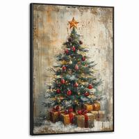 LEINWAND Bilder mit Rahmen - Weihnachtsbaum - Vintage - Weihnachten - Geschenk - 90x140 - Rostfarben, Textil (90/140cm) - MuchoWow