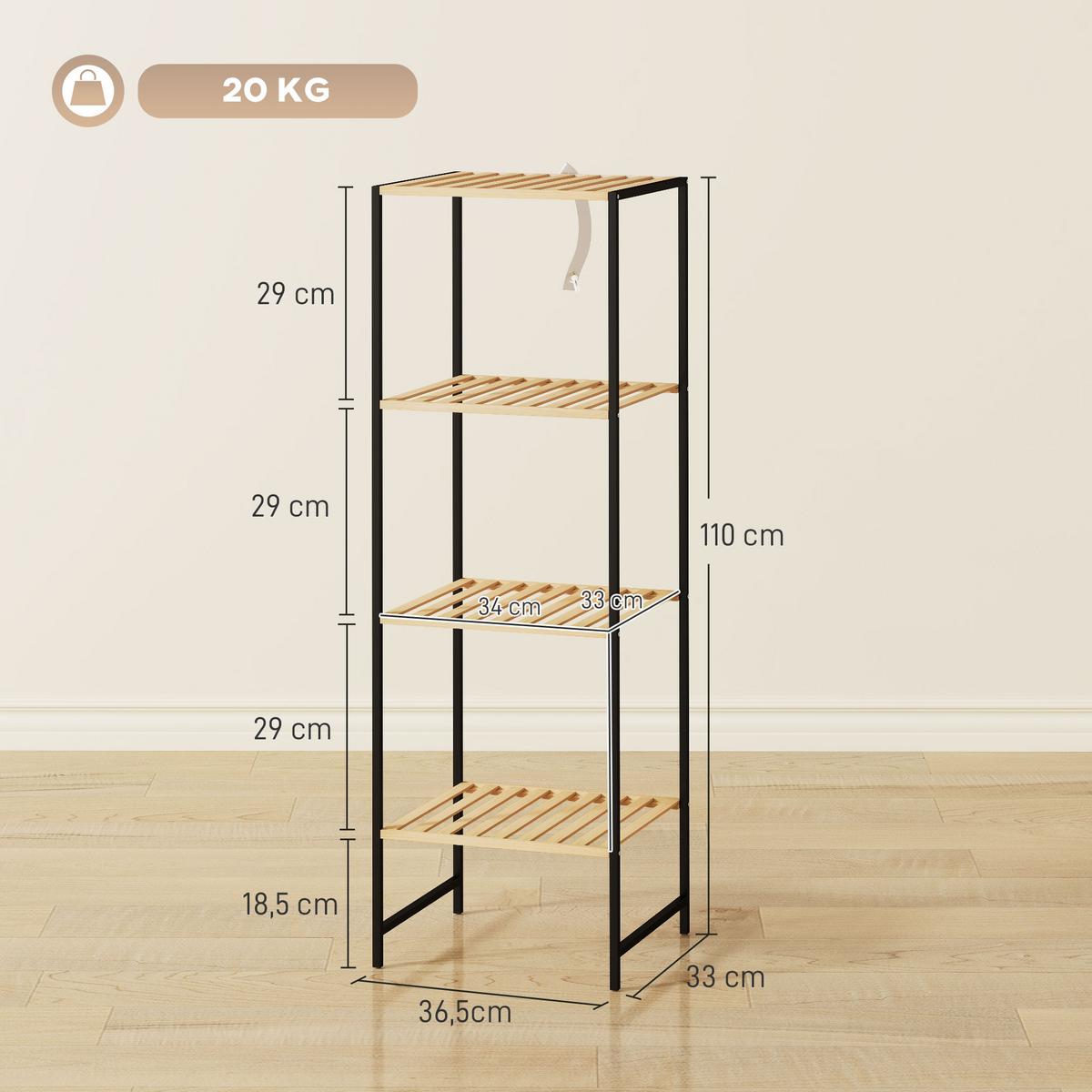 STANDREGAL mit 4 Ablagen aus Bambus und Stahl - Schwarz/Naturfarben, Metall (33/110/36.5cm) - HOMCOM