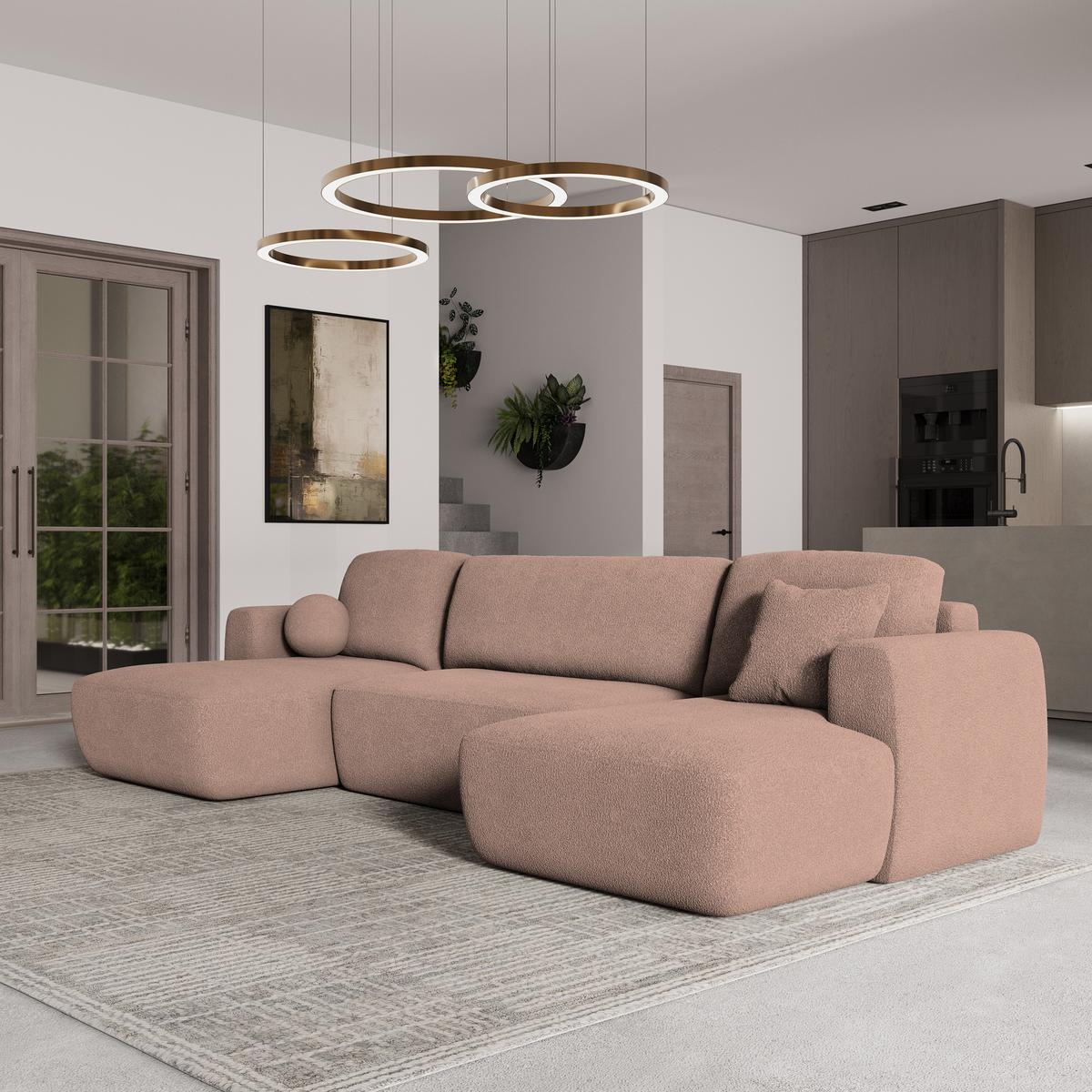 WOHNLANDSCHAFT SENTUM N Rosa Boucle-Stoff mit Schlaffunktion - Schwarz/Rosa, Holz/Kunststoff (330/90/148cm) - MASSENO
