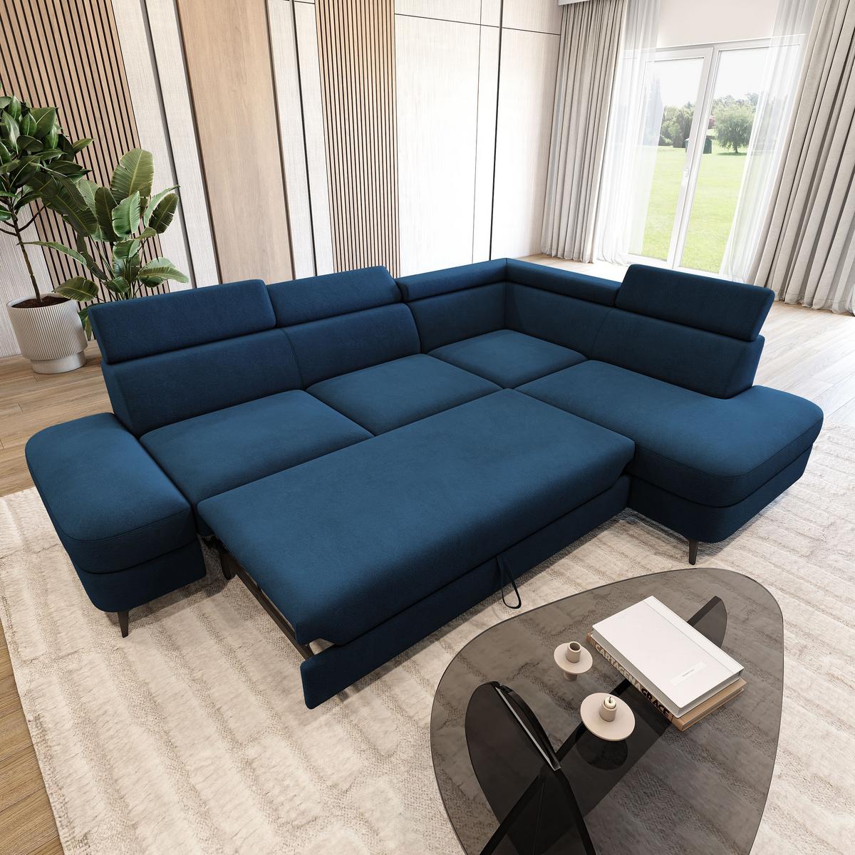 ECKSOFA AVISE MV R-S Blau Velours-Stoff mit Schlaffunktion - Blau, Holzwerkstoff/Textil (268/195cm) - MASSENO
