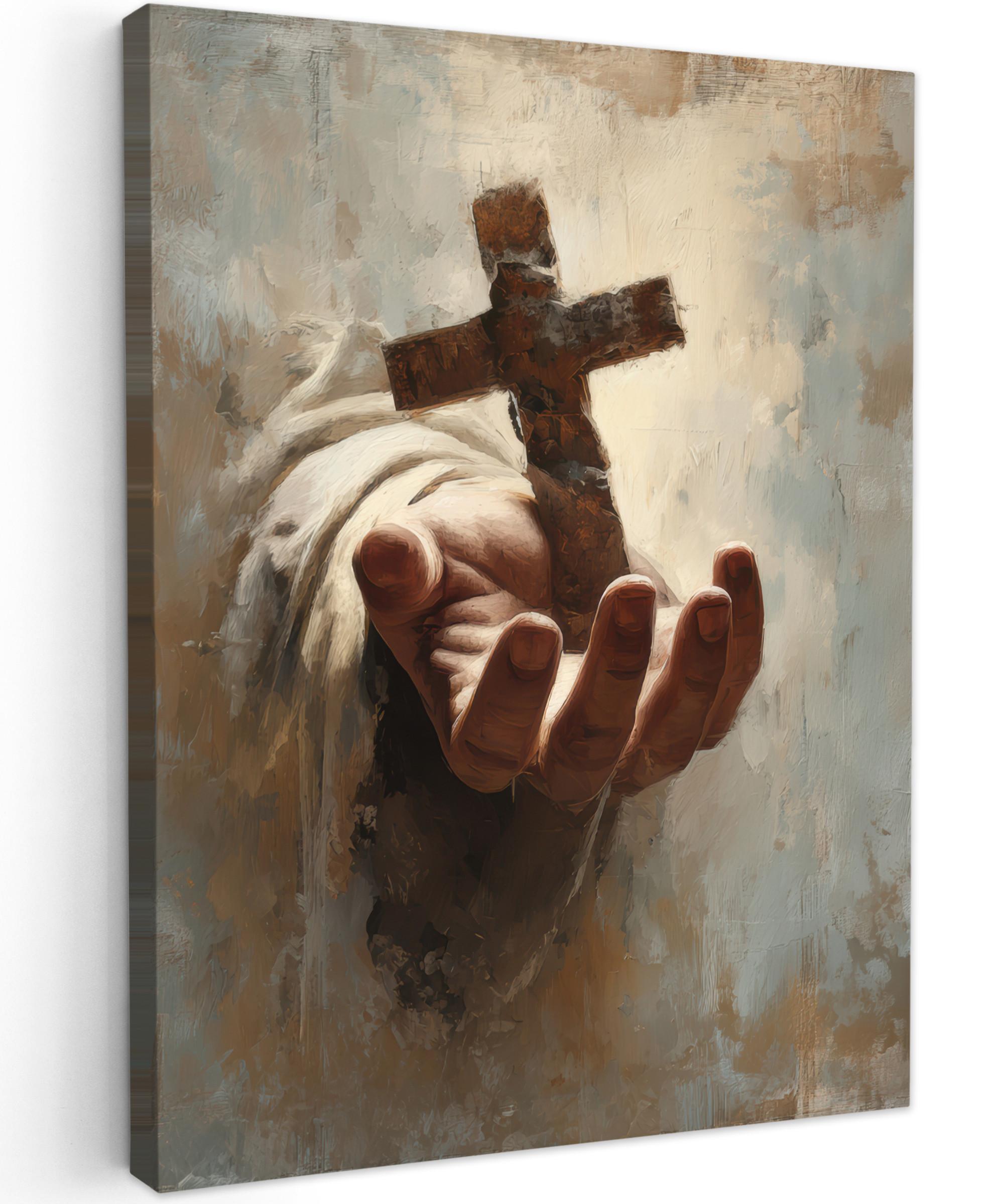 LEINWANDBILD Abstrakt - Kreuz - Hand - Christentum Room Decor 30x40 cm - Hellbraun, Textil (30/40cm) - MuchoWow