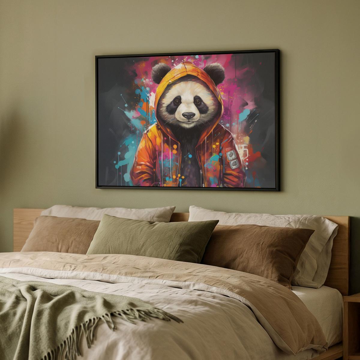 LEINWAND Bilder mit Rahmen - Panda - Jacke - Graffiti - Orange - 80x60 - Orange, Textil (80/60cm) - MuchoWow