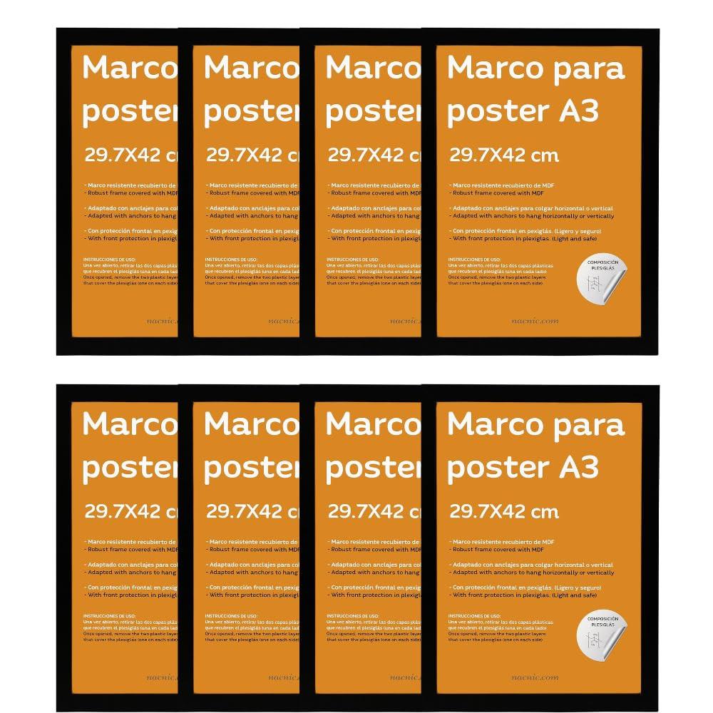 RAHMEN Set mit 8 aus MDF und Acrylglas Schutz und Aussteller für Fotografien, Bilder, Poster, Gemälde, Dekoration für Haus Farbe Schwarz A3 - Schwarz, Holz (29.7/3cm) - Nacnic
