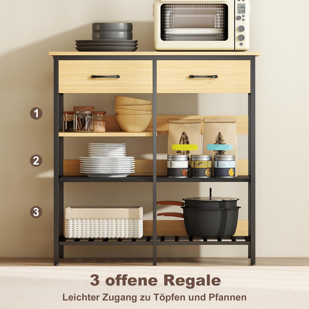KOMMODE mit 2 Schubladen 3 offenen Regalen Naturholz - Schwarz/Naturfarben, Holzwerkstoff/Metall (40/91/90cm) - HOMCOM
