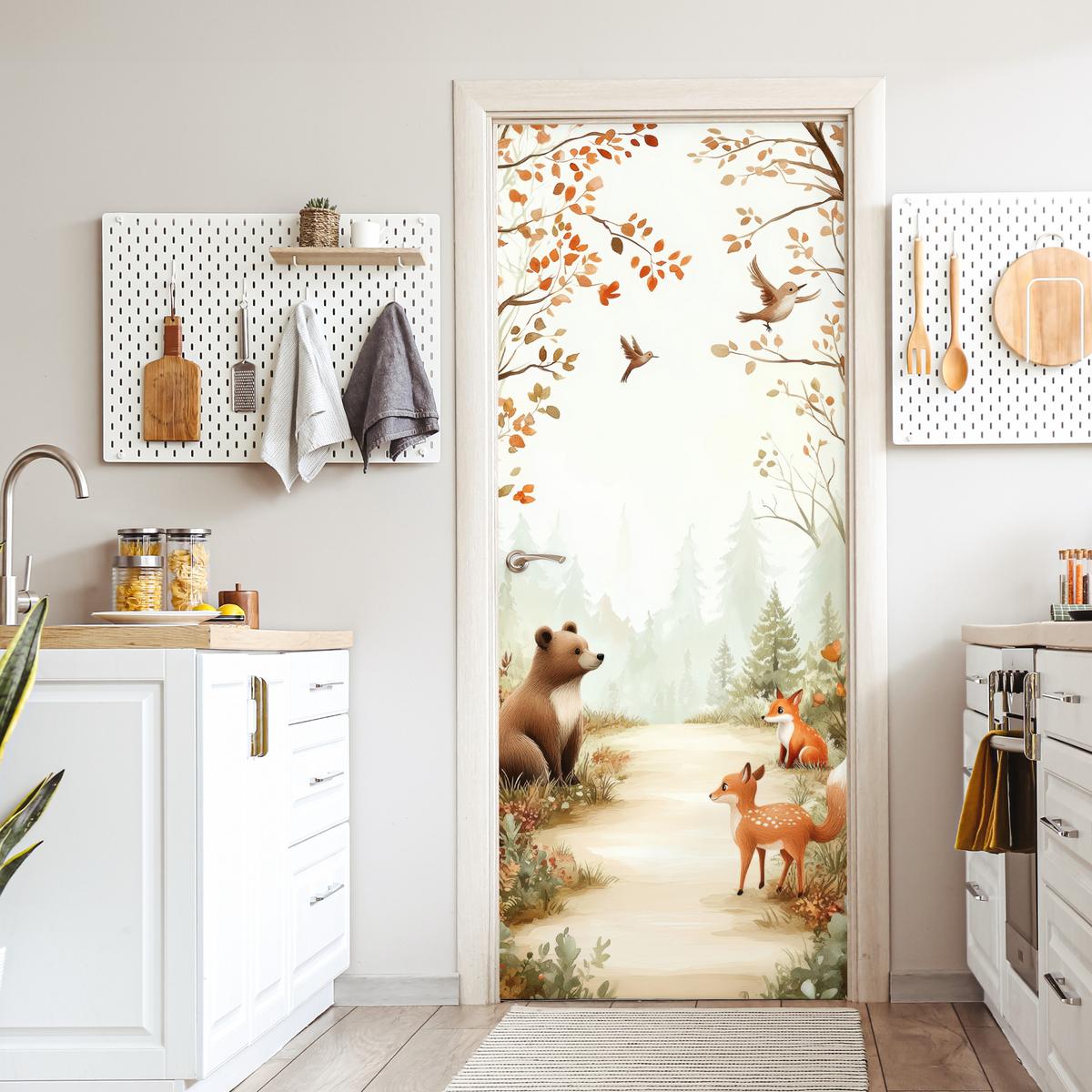 TÜRAUFKLEBER Wald - Herbst - Waldtiere - Bär - Fuchs 90x215 cm - Türtapete - Kastanienfarben, Kunststoff (90/0.1cm) - MuchoWow