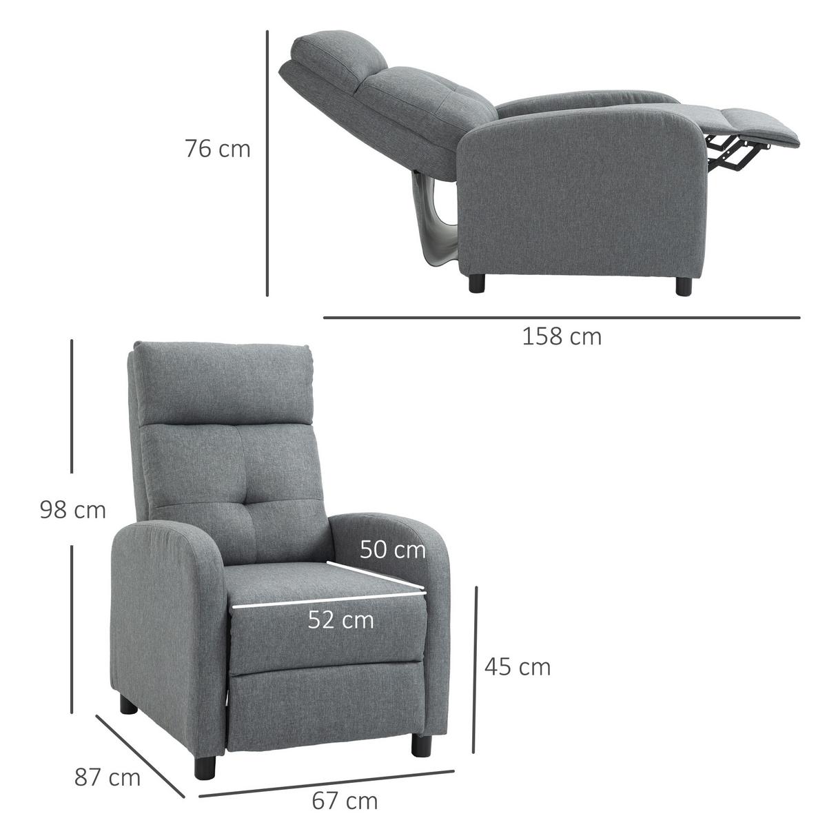 RELAXSESSEL, Fernsehsessel mit Liegefunktion, TV-Sessel mit Leinenoptik, Grau - Grau, Textil (67/98/87cm) - HOMCOM