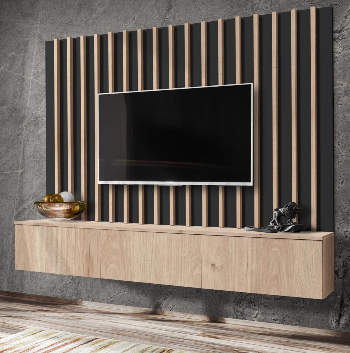 WOHNWAND Eiche Jackson, schwarz 180 cm, Schrankwand mit Push-top-Open - Eichefarben/Schwarz, Holzwerkstoff (180/180/35cm) - Furn.Design