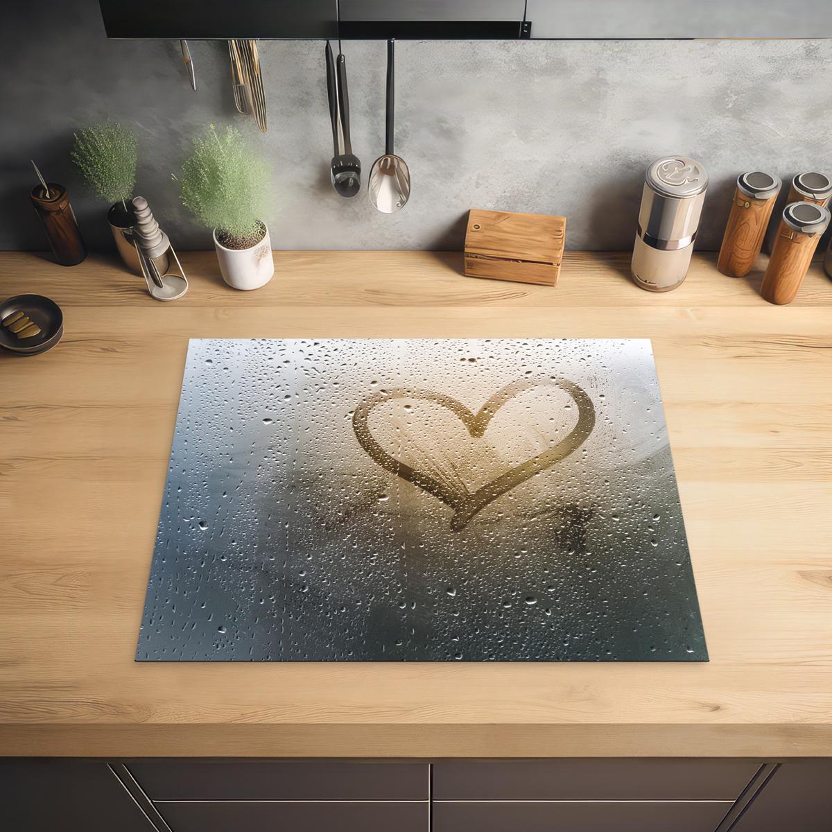 HERDABDECKPLATTE Herz - Kondenswasser - Wasser - 3D Herdabdeckung Induktionsfeld 65x52 cm - Grau, Kunststoff (65/52/0.2cm) - MuchoWow