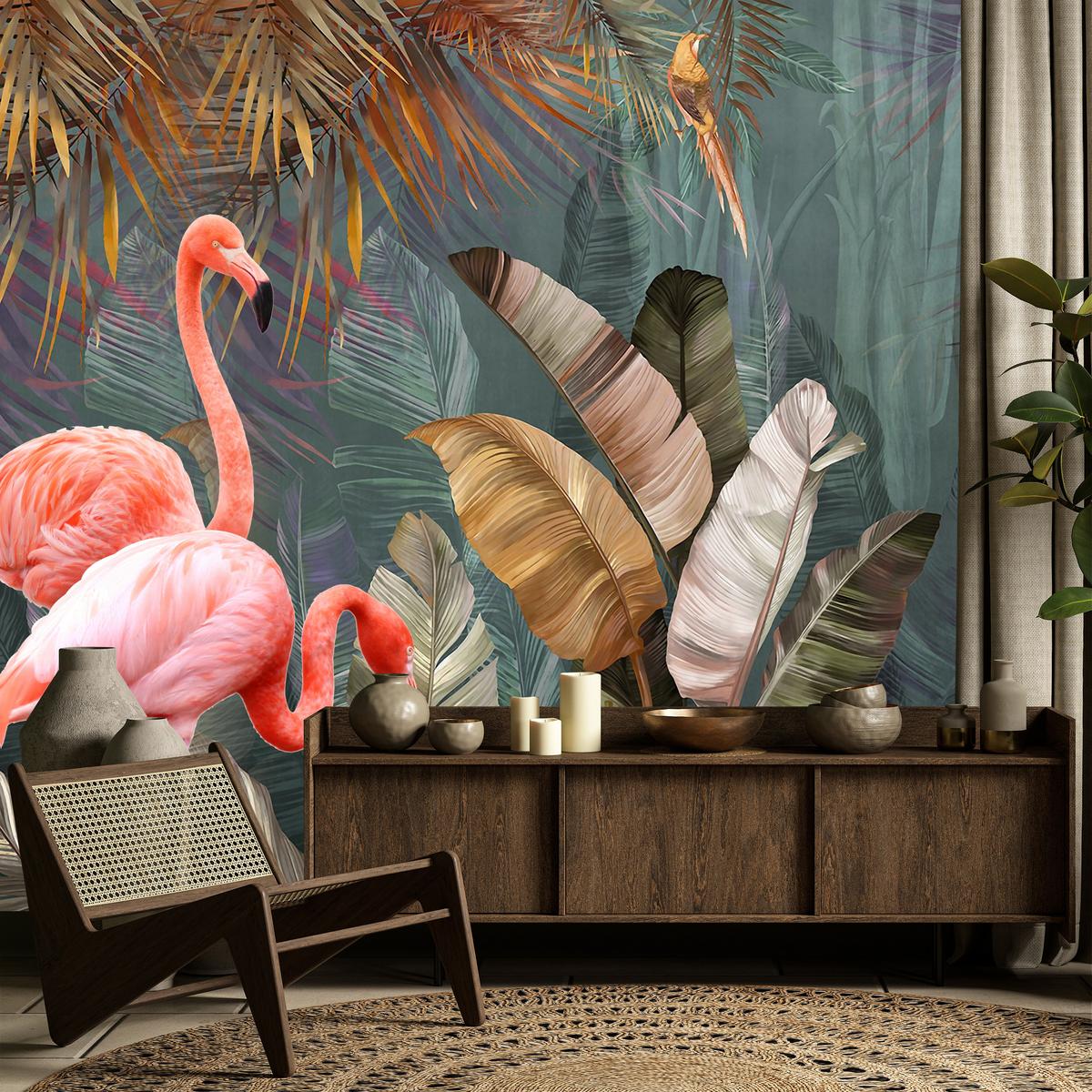 FOTOTAPETE für Wohnzimmer Flamingos Dschungel Blätter Tropisch 100x70 - Multicolor, Papier (100/70cm) - Muralo