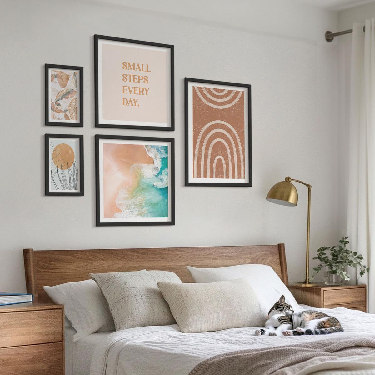 BILDER SET 5er Set - 50x50 cm & 20x30 cm & 40x60 cm Schwarzer Rahmen - Familie liebt Zuhause Aquarell - Schwarz, Kunststoff (40/60cm) - TULUP
