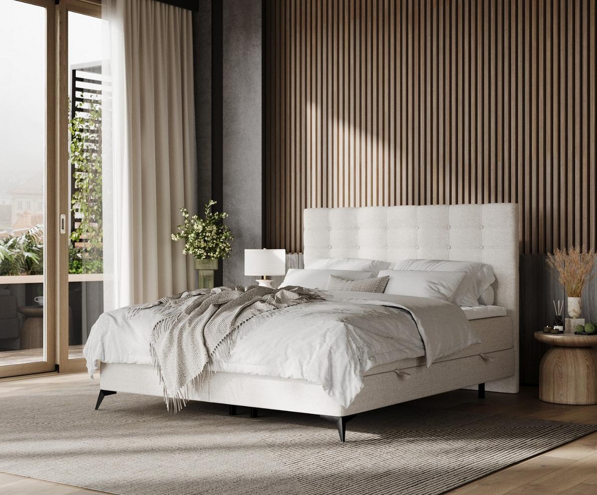 BOXBETT Niro 140/200 cm Hellbeig im Riva Stoff - Beige/Schwarz, Holz/Holzwerkstoff (140/200cm) - AltaBeds