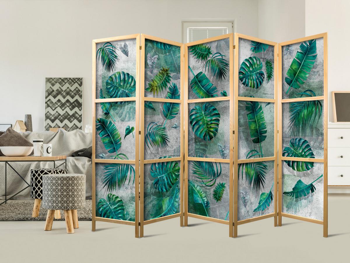 PARAVENT Japanischer 5-tlg 225x172 cm Tropische Bl tter - Grün, Holz/Textil (225/172/3cm) - Muralo