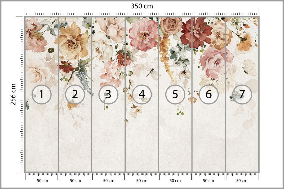 FOTOTAPETE für Esszimmer Aquarellblumen Blätter Pflanzen Pfingstrosen Rosen 350x256 - Multicolor, Papier (350/256cm) - Muralo