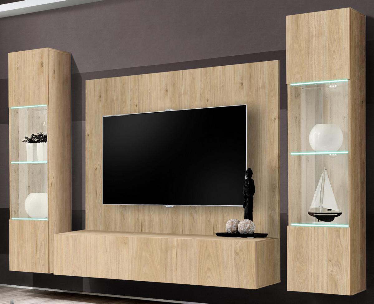 WOHNWAND Eiche Jackson 4-teilig 260 cm hängend, Schrankwand mit LED und Push-to-Open - Eichefarben, Glas/Holzwerkstoff (260/170/40cm) - Inn.Furn