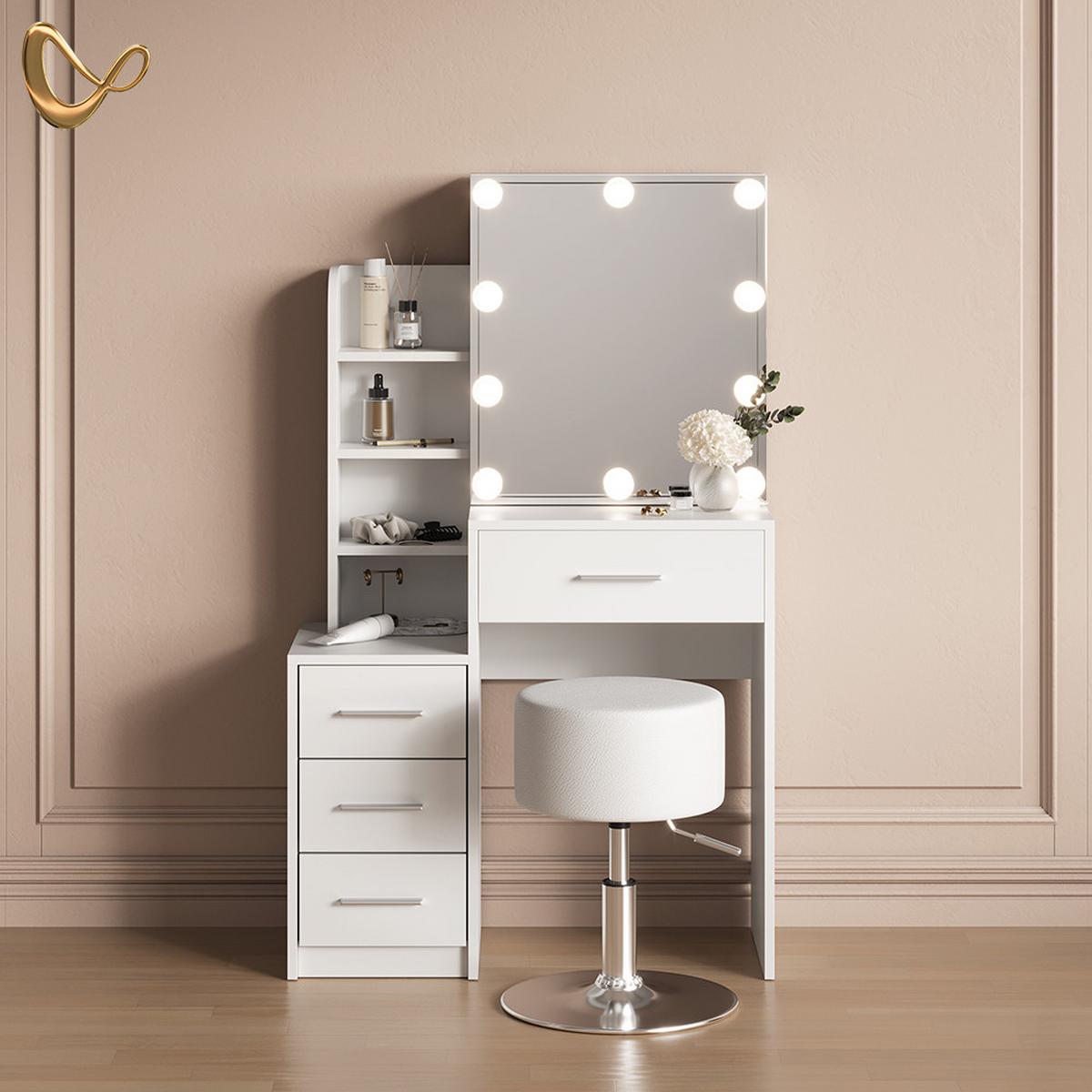 SCHMINKTISCH Loreta Weiß mit LED Beleuchtung und Hocker - Weiß, Holzwerkstoff (80/131.6/36cm) - Livinity®