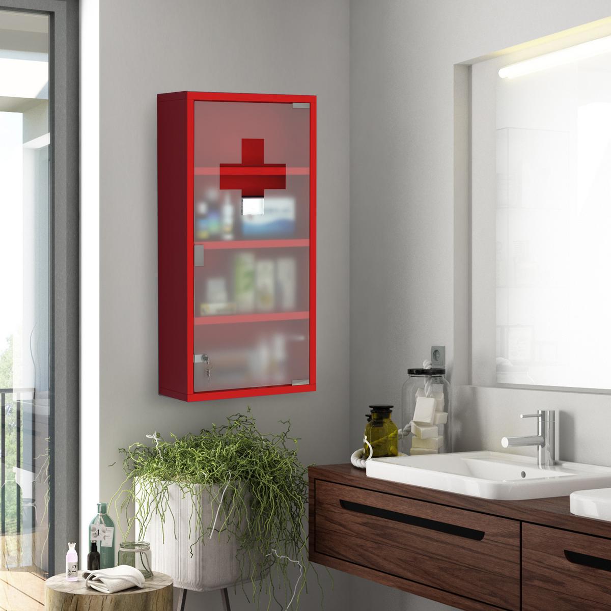 METALL Medizinschrank Arzneischrank Ersthilfe Schrank 4 Fach Rot Drehtür - Rot, Glas/Metall (12/60/30cm) - HOMCOM