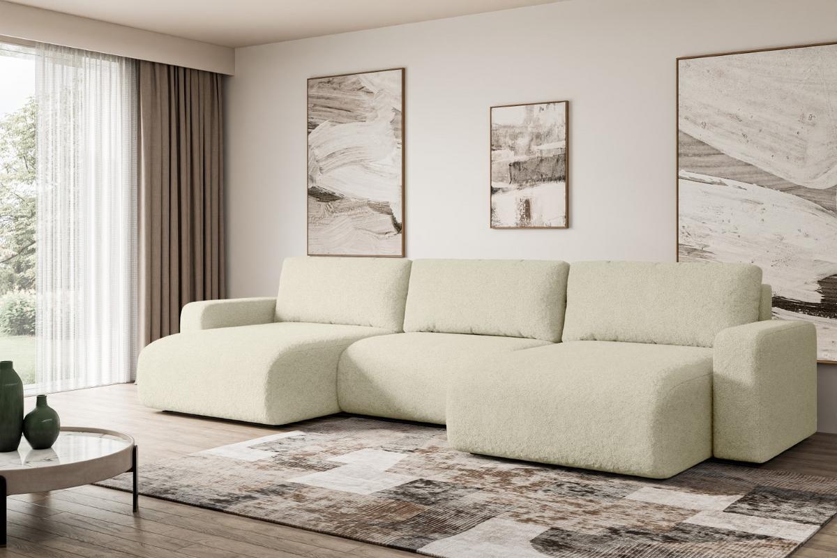 WOHNLANDSCHAFT mit Schlaffunktion und Bettkasten KLEEA-U - 347x143x83 cm Beige Bouclé - Beige/Schwarz, Holzwerkstoff/Kunststoff (347/83/143cm) - ALTDECOR
