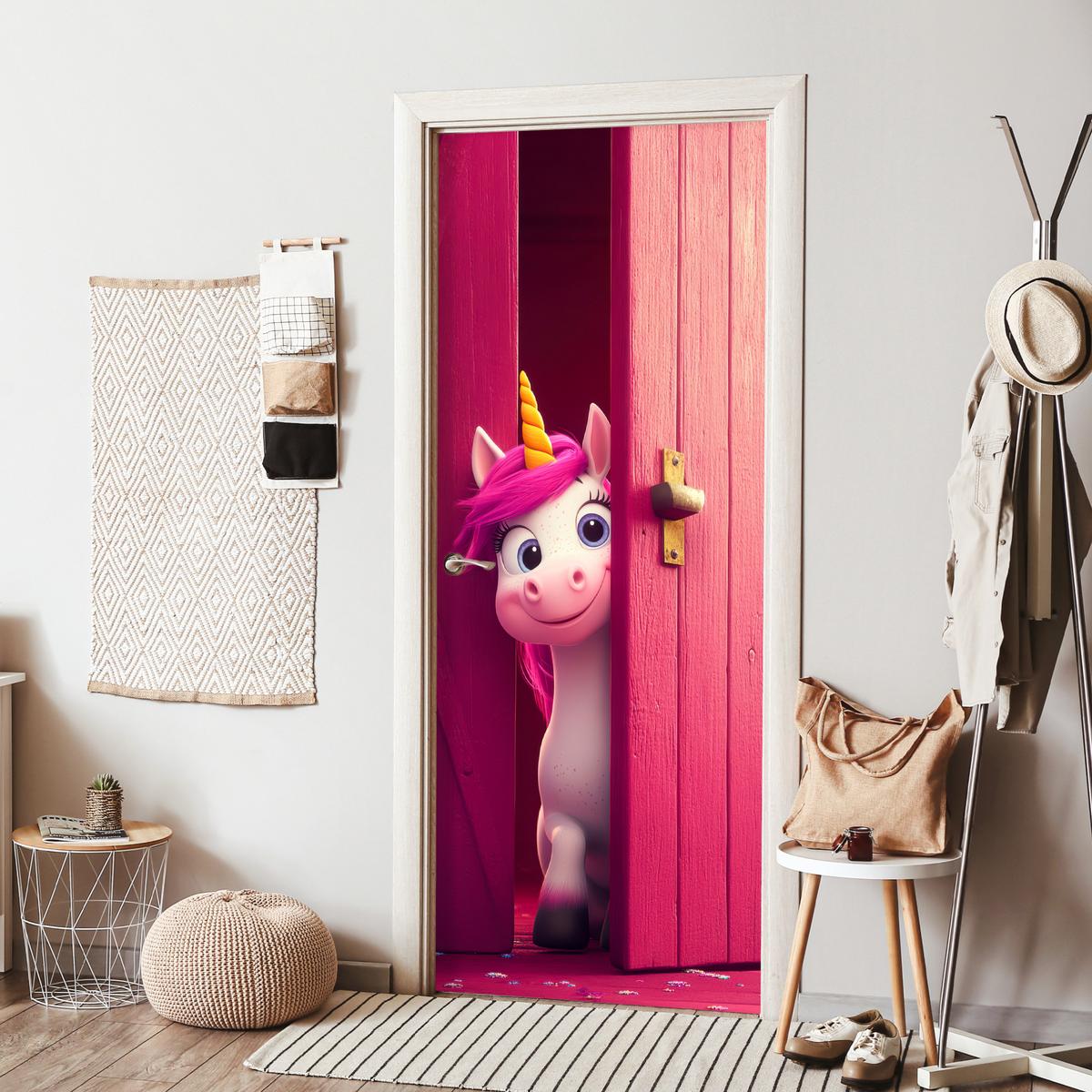 TÜRAUFKLEBER Einhorn - Rosa - Tür - Fantasie 80x215 cm - Türtapete - Pink, Kunststoff (80/0.1cm) - MuchoWow